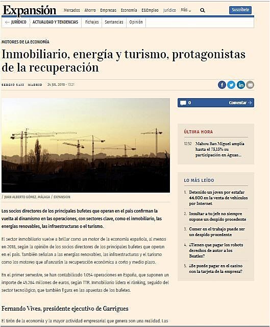 Inmobiliario, energa y turismo, protagonistas de la recuperacin